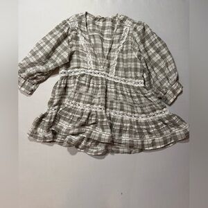 Free People Cream and Gray Plaid Lace-Trim Peasant Top